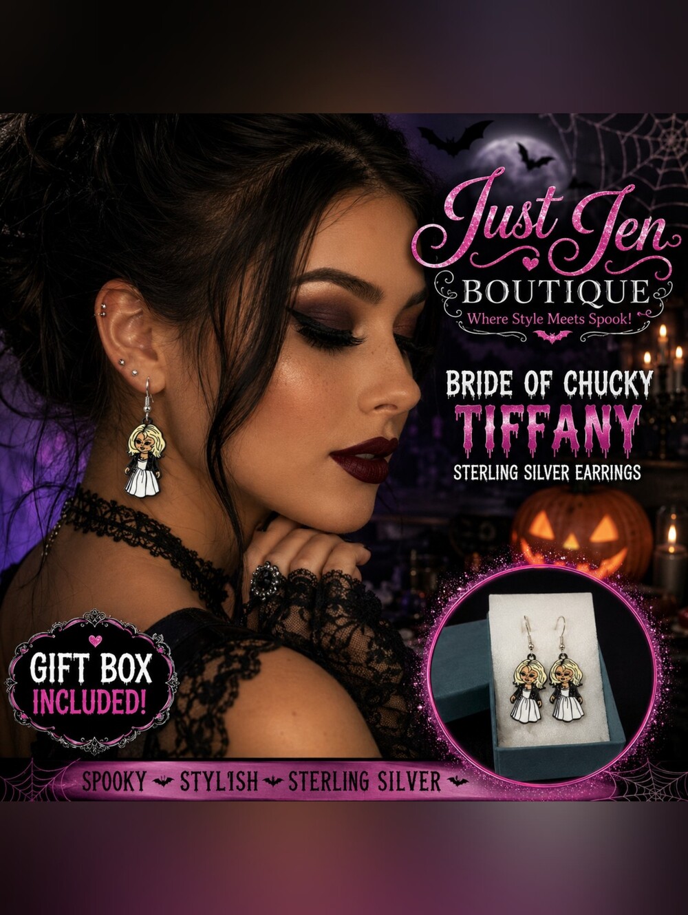 Bride Of Chucky Tiffany Inspired 925 Sterling Silver Earrings- Gift Box Incl.